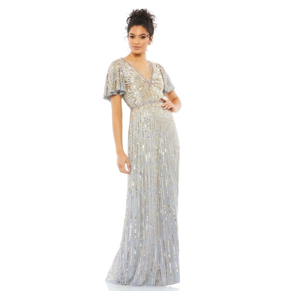 Mac Duggal Embellished V Neck Butterfly‎ Sleeve Column Gown Platinum- NWT